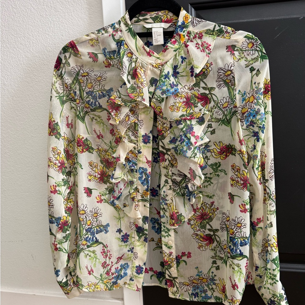 H&M Cream Floral Button-Up Blouse with Pink, Yellow, Blue and Green Accents - Picture 3 of 3